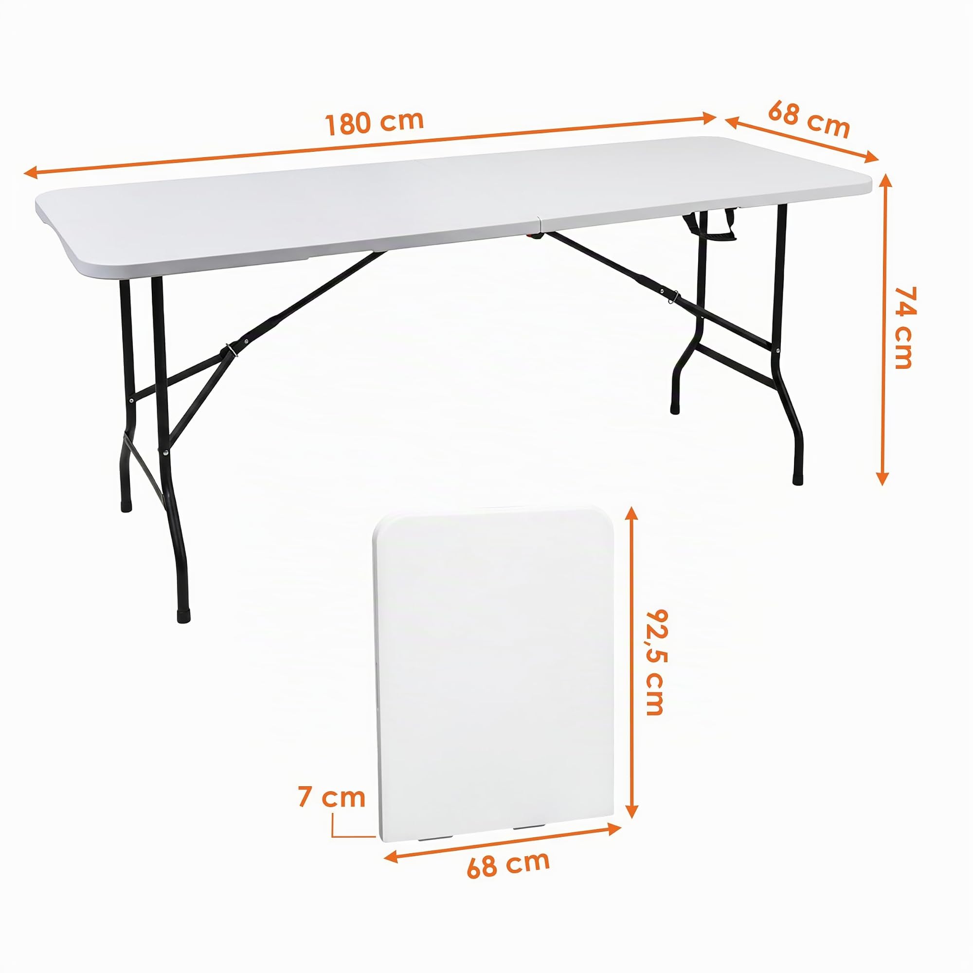 Spetebo XL Klapptisch weiß 180x68 cm mit Stahlgestell | Wetterfest, Klappbar mit Tragegriff, Für Garten Balkon Camping, Tragbar