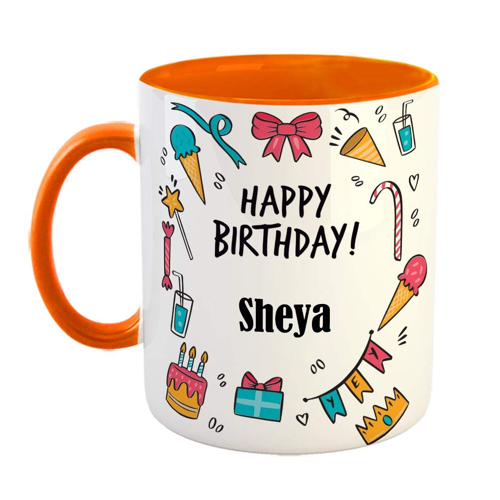 FurnishFantasy Ceramic Coffee Mug - Best Gift for Happy Birthday Mug , Color - Orange, Name - Sheya