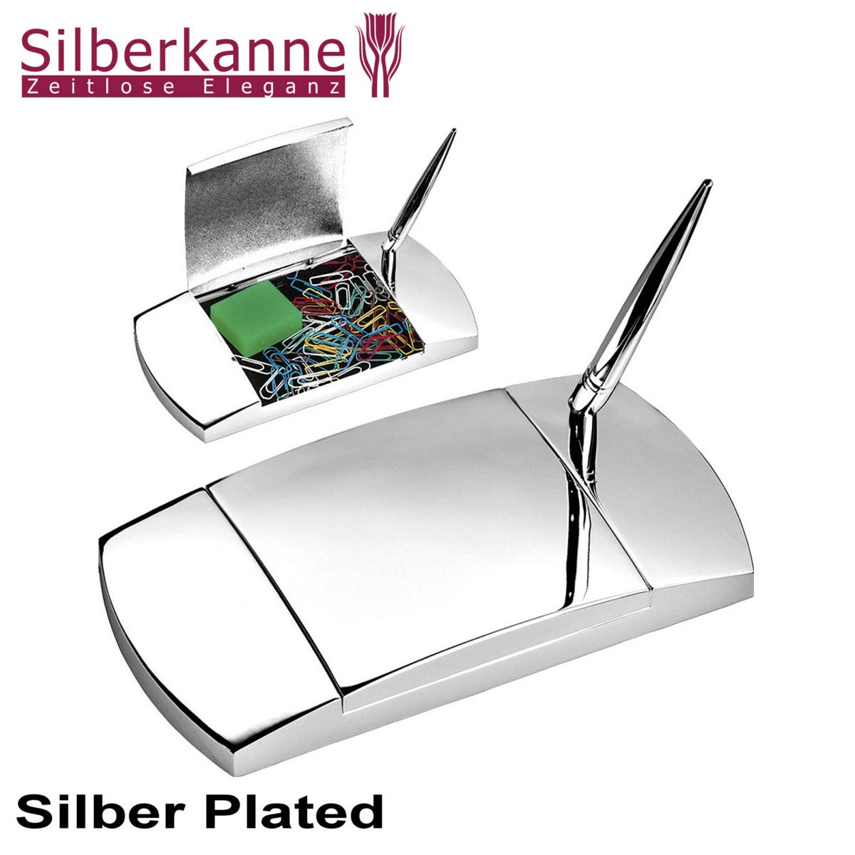 SILBERKANNE Schreib Garnitur Ablage mit Kugelschreiber 17x10 cm Premium Silber Plated edel versilbert. Fertig zum verschenken mit schicker Geschenkverpackung