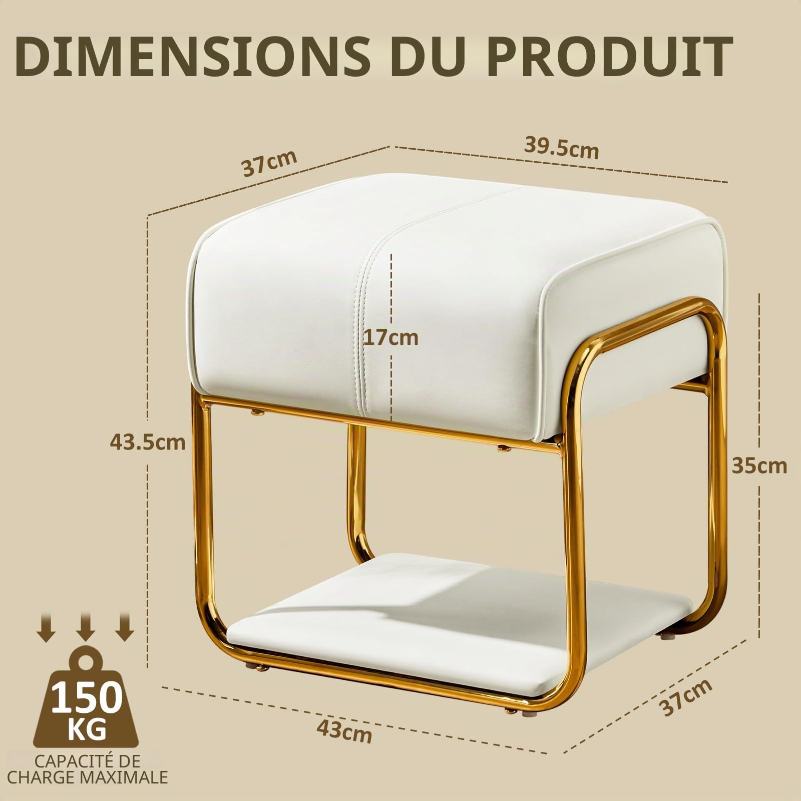 Hellove Tabouret Coiffeuse, Tabouret Chaise de Maquillage avec Pieds en Acier doré en Cuir, Pouf Coiffeuse Confort Vanity Stool Fille pour Dressing Room, Salon, Chambre, Capacité 135 kg, Blanc