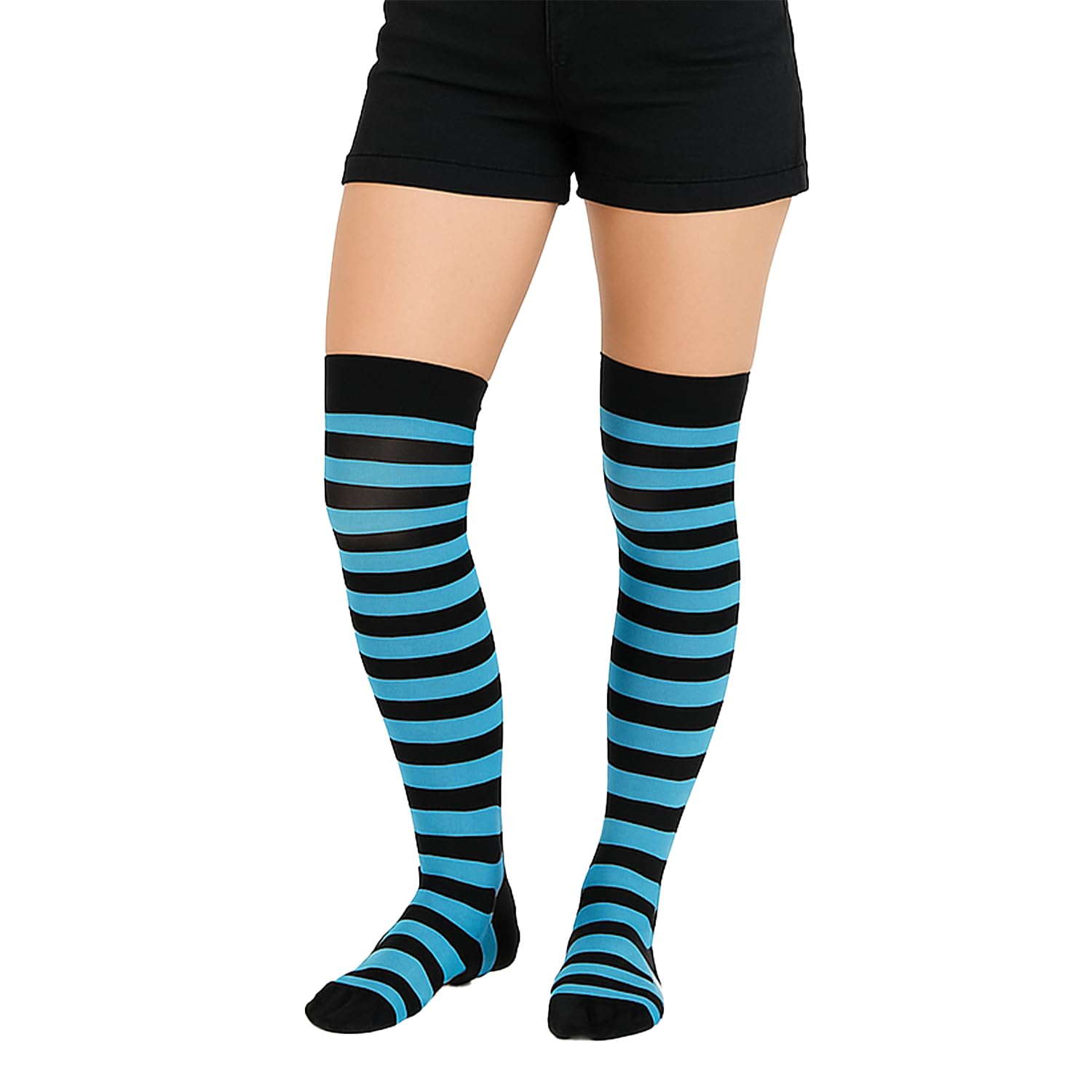 Crazy Chick Girls Black & Turquoise Crazy Chick® Stripe Over The Knee Socks Thigh High Stretchy Otk Socks Fancy Dress (Black & Turquoise)
