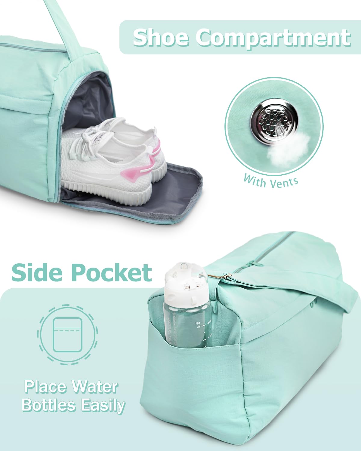 Bolsa de gimnasio pequeña para mujeres y hombres con compartimento para zapatos, pequeña bolsa de viaje con bolsillo húmedo y correa para el hombro, Verde