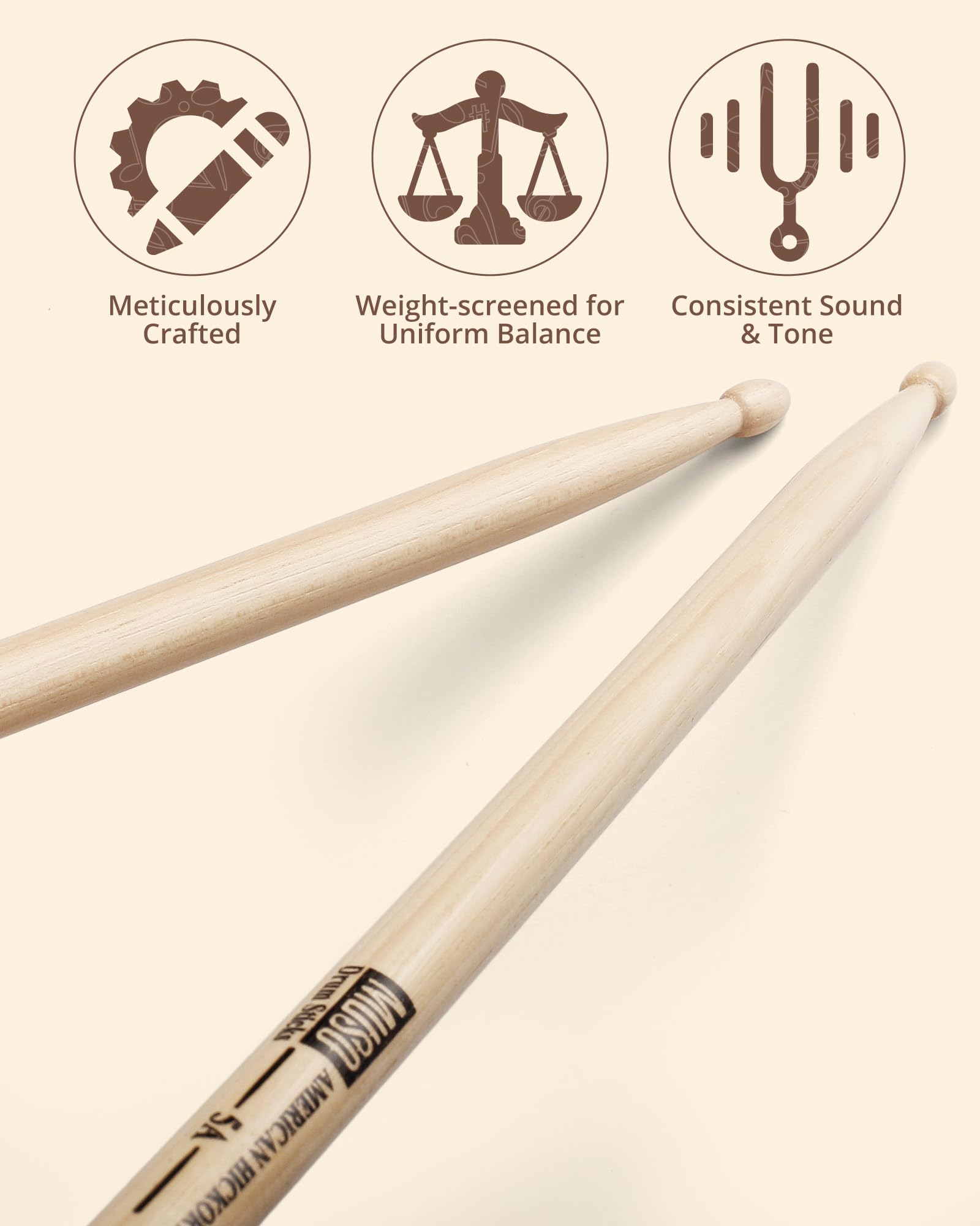 Drum Sticks, American Hickory Drumstick, Drumsticks for Drums, Baquetas para Bateria, Drum Accessories for Drums, 5A Drumsticks with Non-Slip Rubber Handle (5A-2pairs)