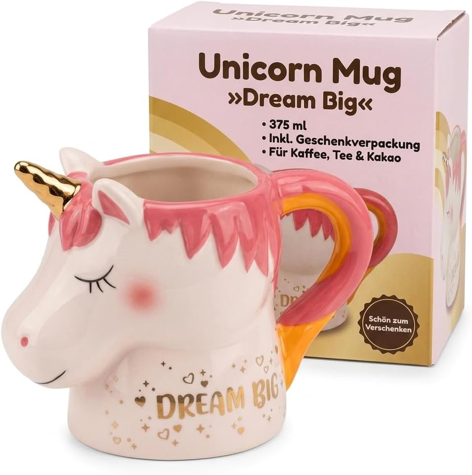 MIJOMA Kubek do kawy z jednorożcem Dream Big 375 ml – kubek ceramiczny ze złotym rogiem i sentencją – kubek z dolomitu, 15 x 11 cm, do kawy, herbaty i kakao