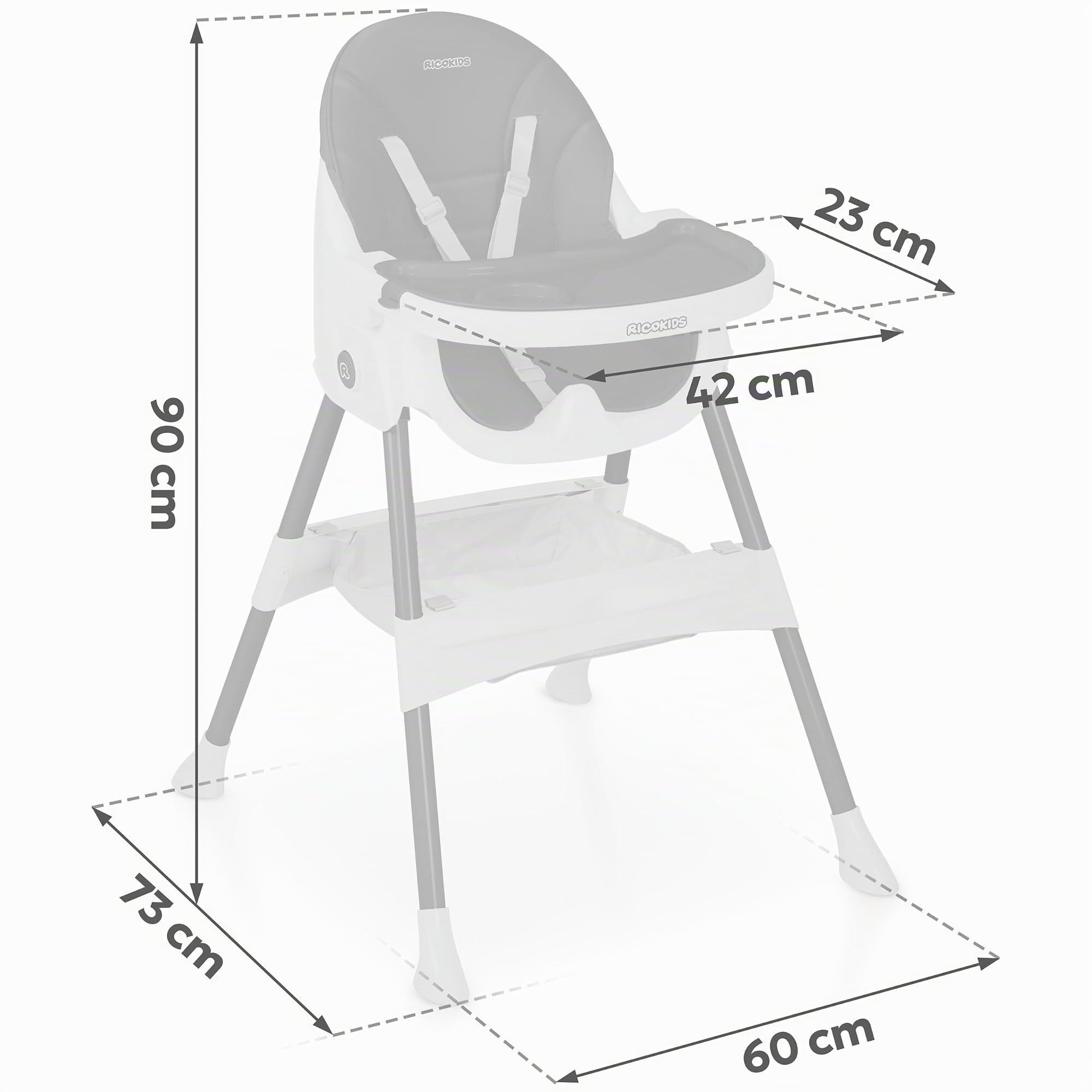 Ricokids Chaise haute pour bébé - À partir de 6 mois - Réglable en hauteur - Planche à manger amovible - Ceinture de sécurité - Noir