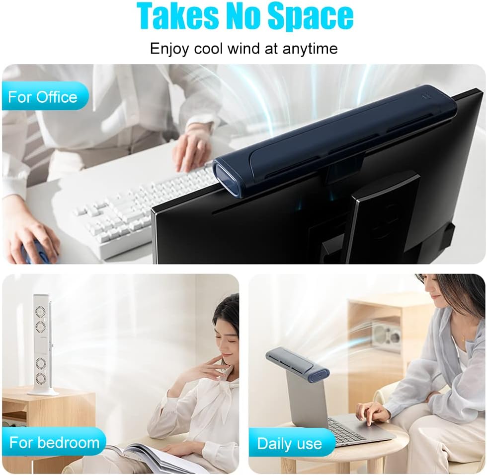 Bladeless Clip On Electric Fan, 14'' White Tower USB Desk Fan for Office, 4 Speeds, Quiet, Cordless, Rechargeable, Suitable for Flat and Curved Monitor, Laptop