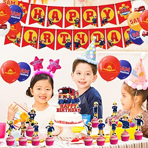 Fireman sam Party Supplies simyron Fireman sam Party Decoration Fireman sam Themed Birthday Decoration include Banner Cupcake Toppers Balloons Fireman Birthday Party Pack Set for Kids 30 piece