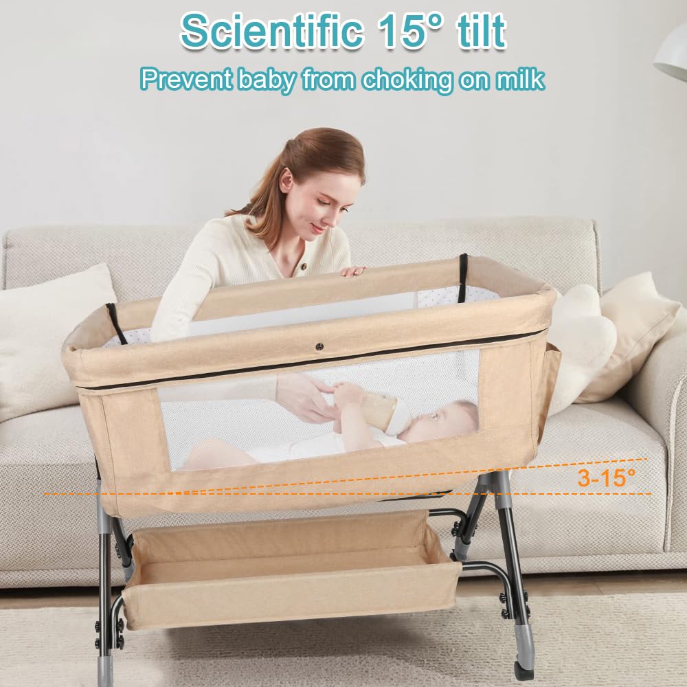 Lit Cododo Bebe avec Roues,Berceau Bébé Evolutif,Côté Repliable,4 Niveaux de Réglage de La Hauteur,Facile à Assembler,Equipé de Moustiquaire (Blanc cassé, 103-115cm quatrième Vitesse)