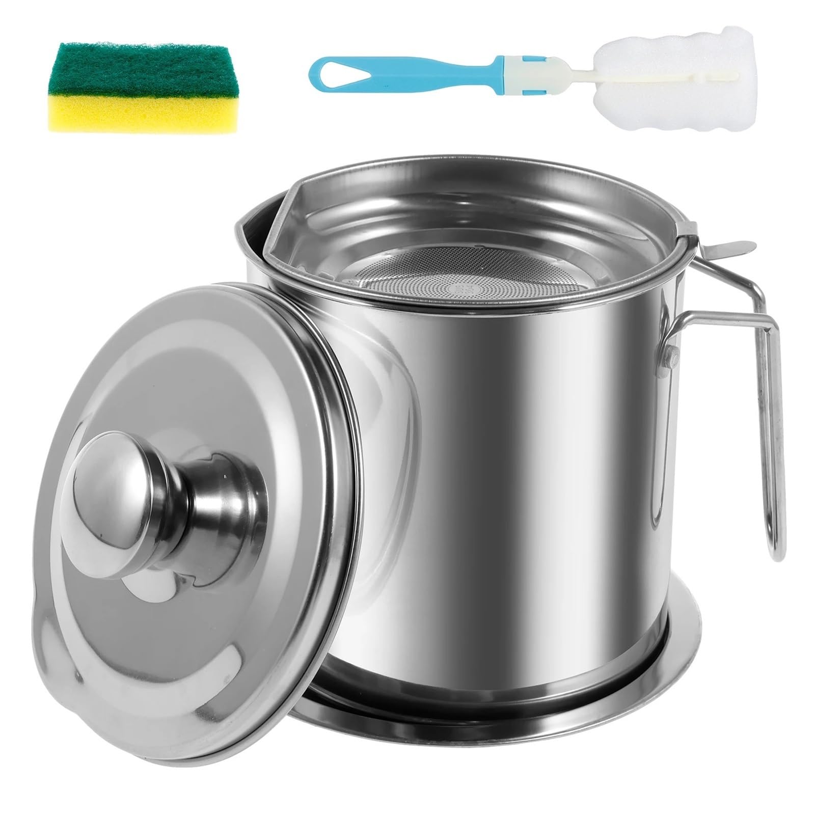 Contenedor de almacenamiento de aceite, lata de grasa de acero inoxidable con colador y base antideslizante, 51/68 onzas para almacenar aceite de freír, duradero y fácil de usar