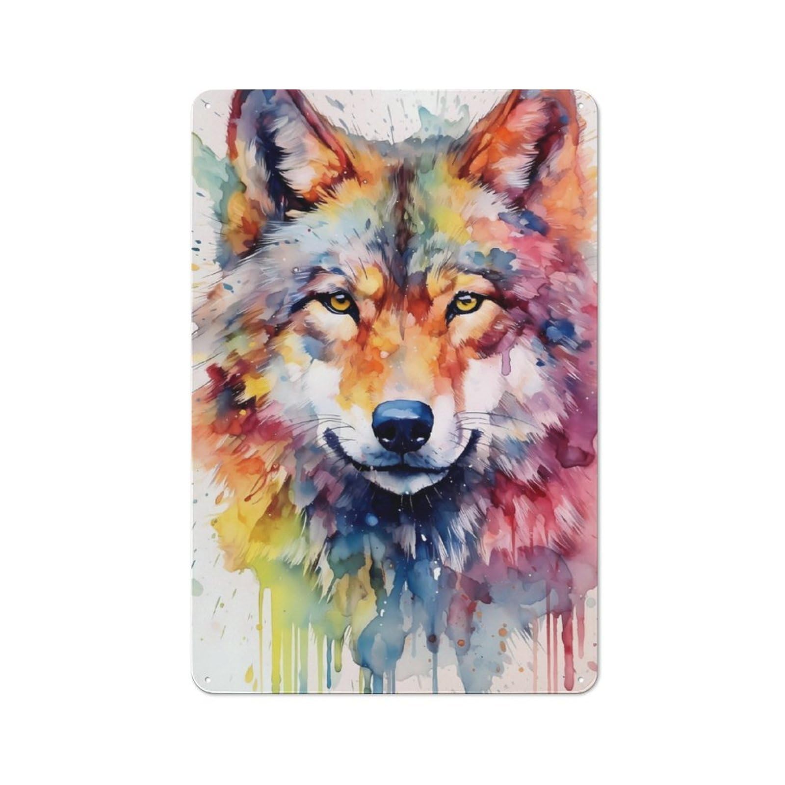 Junmoney Wolf Watercolor Industrial Decorative Metal Plaque 30X20cm Featuring Urban Room Decor For Flat, Bar, Studio Or Gallery Wall