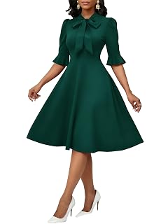 Yajedo Womens Crew Neck 3 4 Sleeve Pleated Midi Dress Elegant A-Line Cocktail Party Formal Dress with Pockets