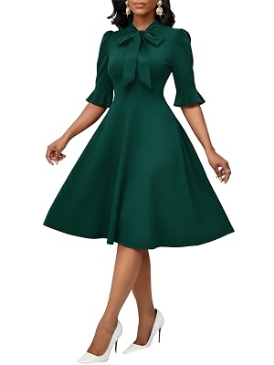 Yajedo Womens Crew Neck 3 4 Sleeve Pleated Midi Dress Elegant A-Line Cocktail Party Formal Dress with Pockets