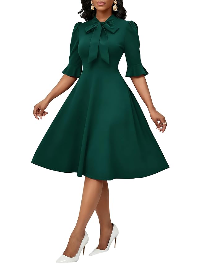 Yajedo Womens Crew Neck 3 4 Sleeve Pleated Midi Dress Elegant A-Line Cocktail Party Formal Dress with Pockets