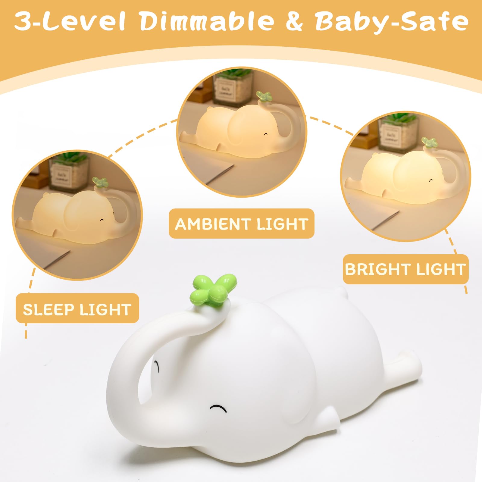 Elefanten-Nachtlicht für Kinderzimmer, 3-stufiges dimmbares wiederaufladbares Nachtlicht mit Timer, niedliche Silikon-Elefantenform, Kindernachttischlampe, sichere Kleinkindzimmer-Dekoration