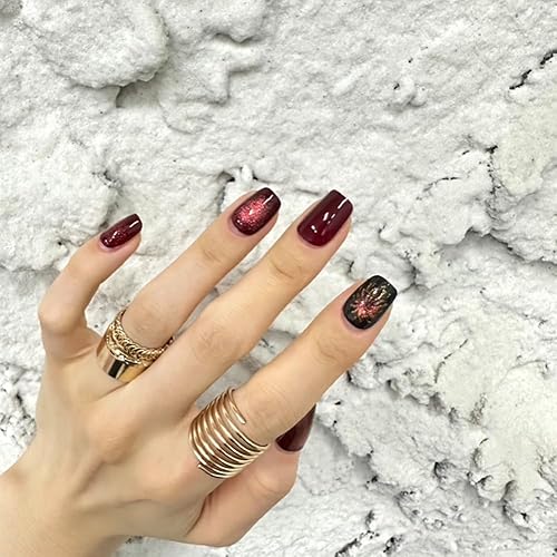 Miniatura 3 de Redykat 30 uñas hechas a mano con gel UV brillante Squoval a presión, diseño de ojo de gato con fuegos artificiales, magnéticas