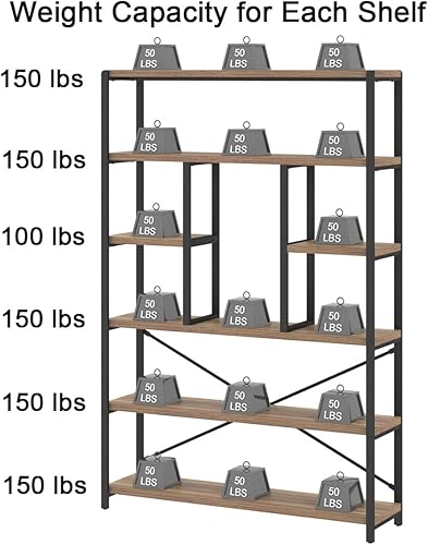 Miniatura 7 de LVB Estantería Industrial Alta Etagere, Estantería Moderna de Madera Grande Abierta de 6 Niveles, Organizador de Estantería de Libros de Metal Ancho