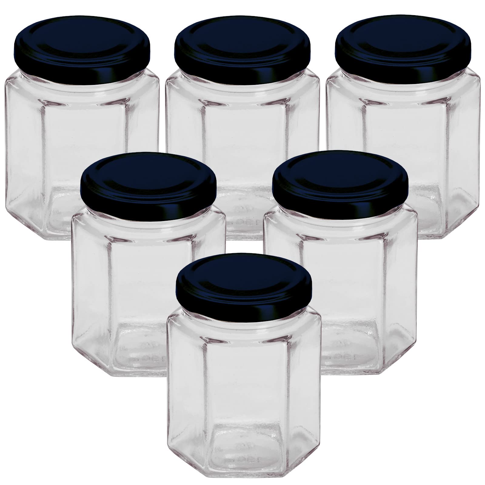 Pack of 6 x (8oz) 190ml Hexagonal Glass Jam Jars with Black Twist Off Lids