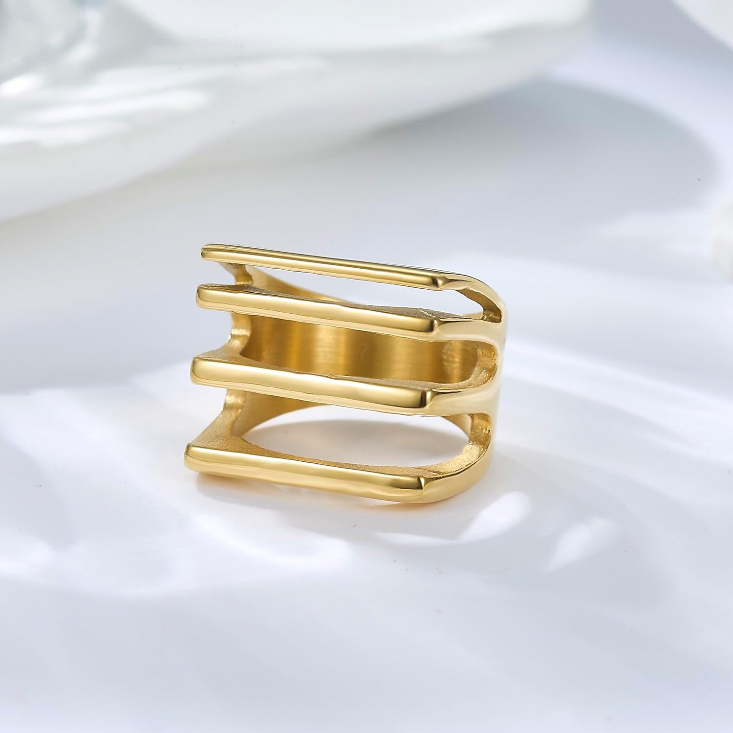 Unique Geometric Jewelry Solid Stainless Steel Square/Multilayer Bar Minimal Statement Ring for Women - Image 6