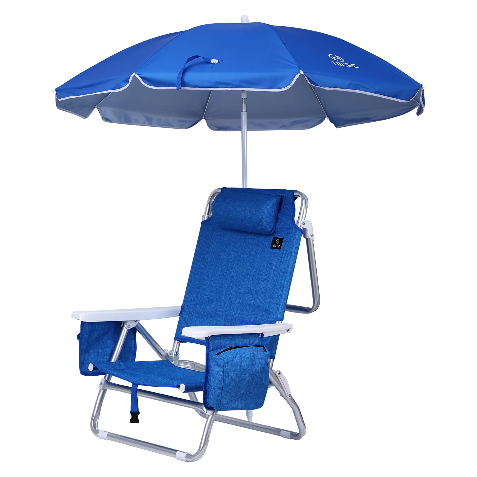 Nice C Blue Backpack Beach Chair with Cooler and Umbrella, 5 Position Reclining Beach Chair for Adults, with Cup Holder, Cooler Bag, for Outdoor, Camping, BBQ, Travel, Picnic (1 Pack)