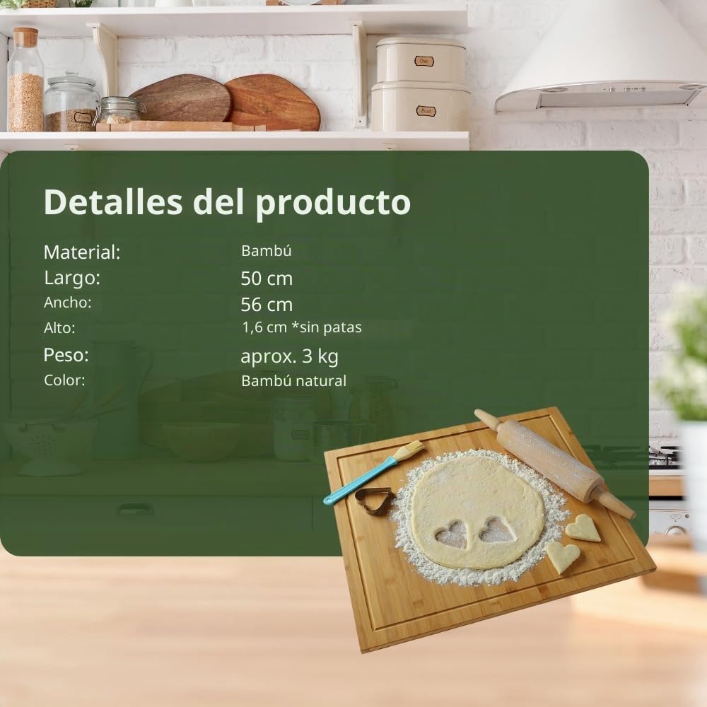 HeRo24 Tabla de cortar de bambú para cocina, 56 x 50 cm, placa estándar completa