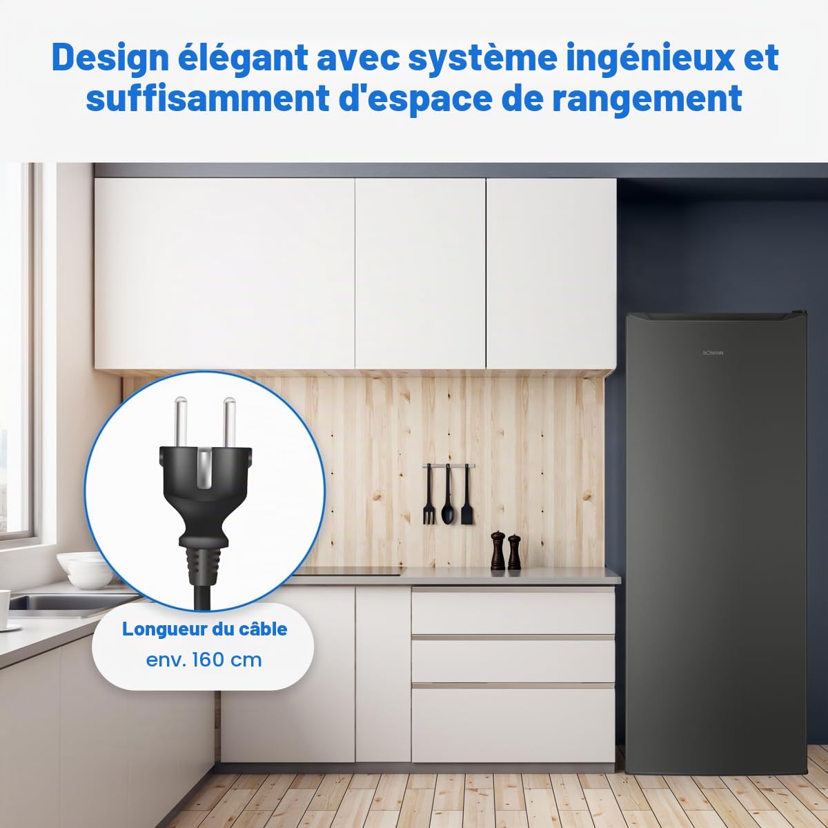 Bomann Réfrigérateur 242 L Pose Libre Éclairage LED VS 7363, Noir | réfrigérateur pose libre, éclairage LED, clayettes en verre, contrôle de la température en continu