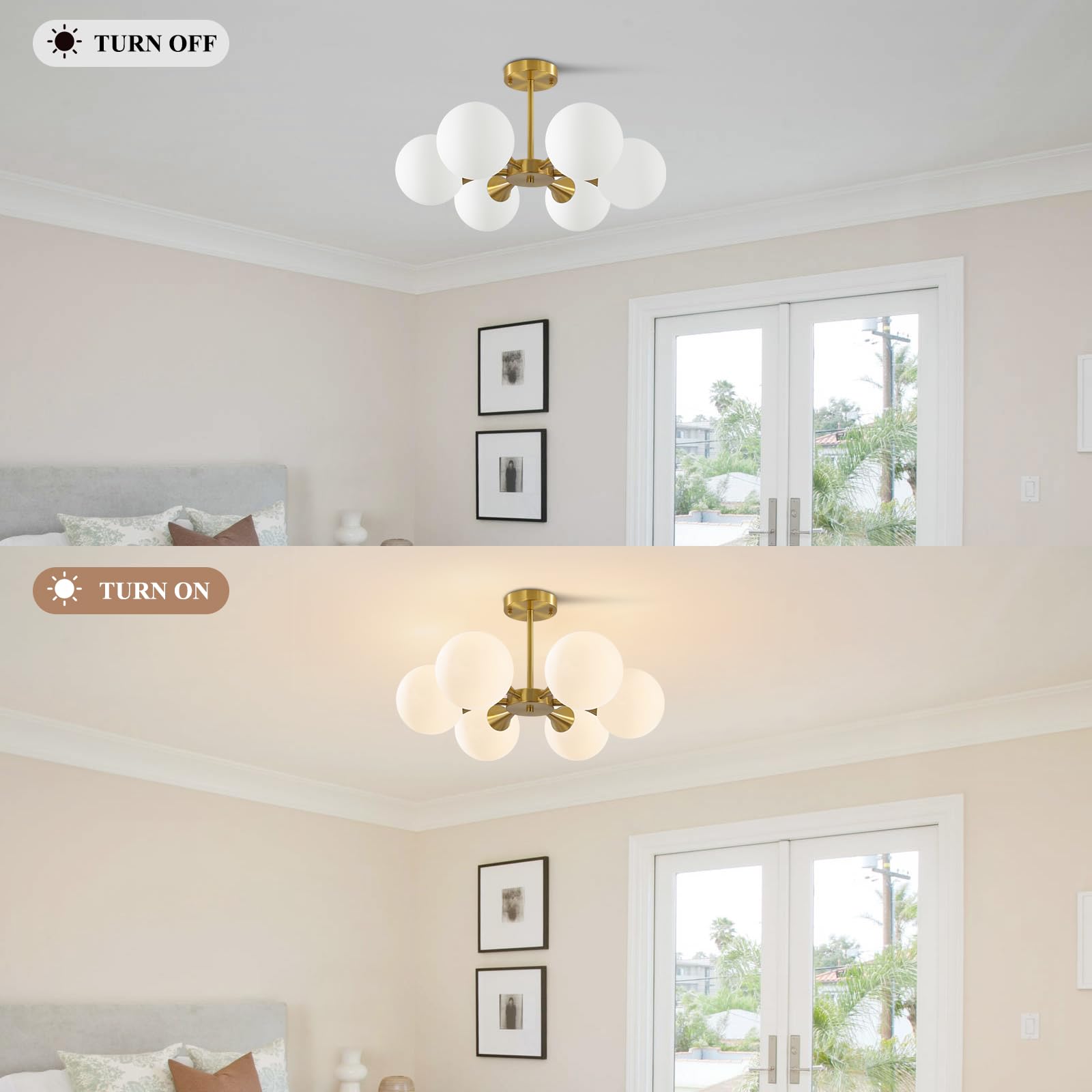 KCO Illuminazione Oro Spazzolato Sputnik Flush Mount Plafoniera Lampada Vetro Latte 6 Luci Semi Flush