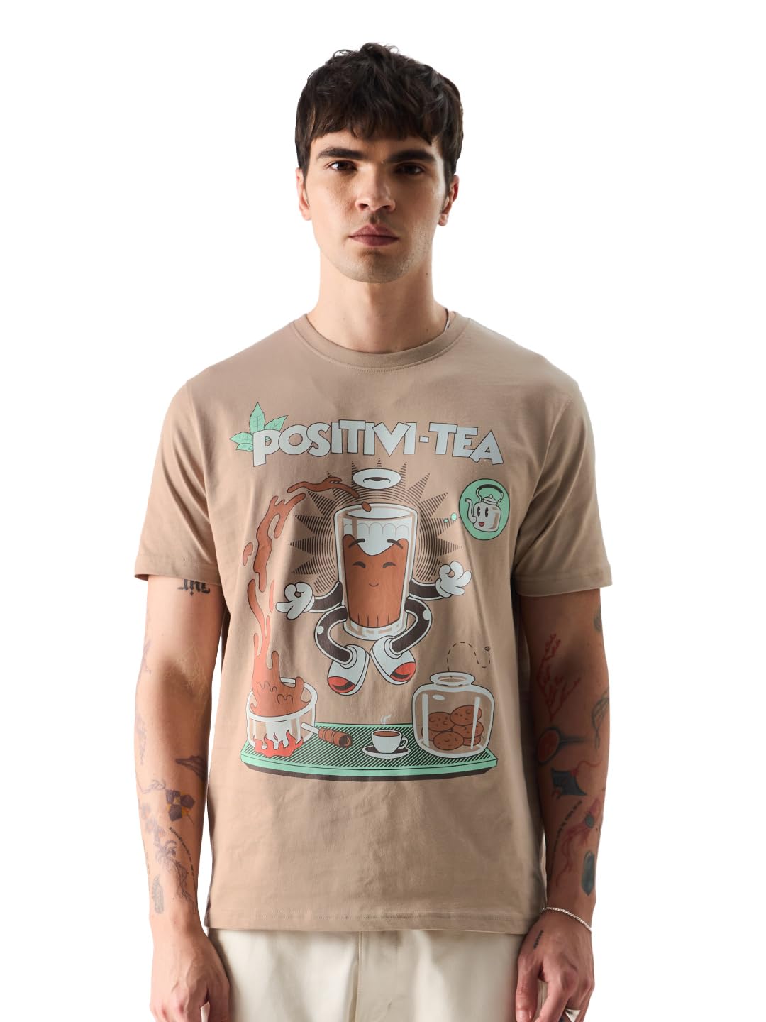 The Souled StoreTSS Originals: Positivi-Tea Mens Regular Fit Graphic Printed Half Sleeve Cotton Brown T-Shirts