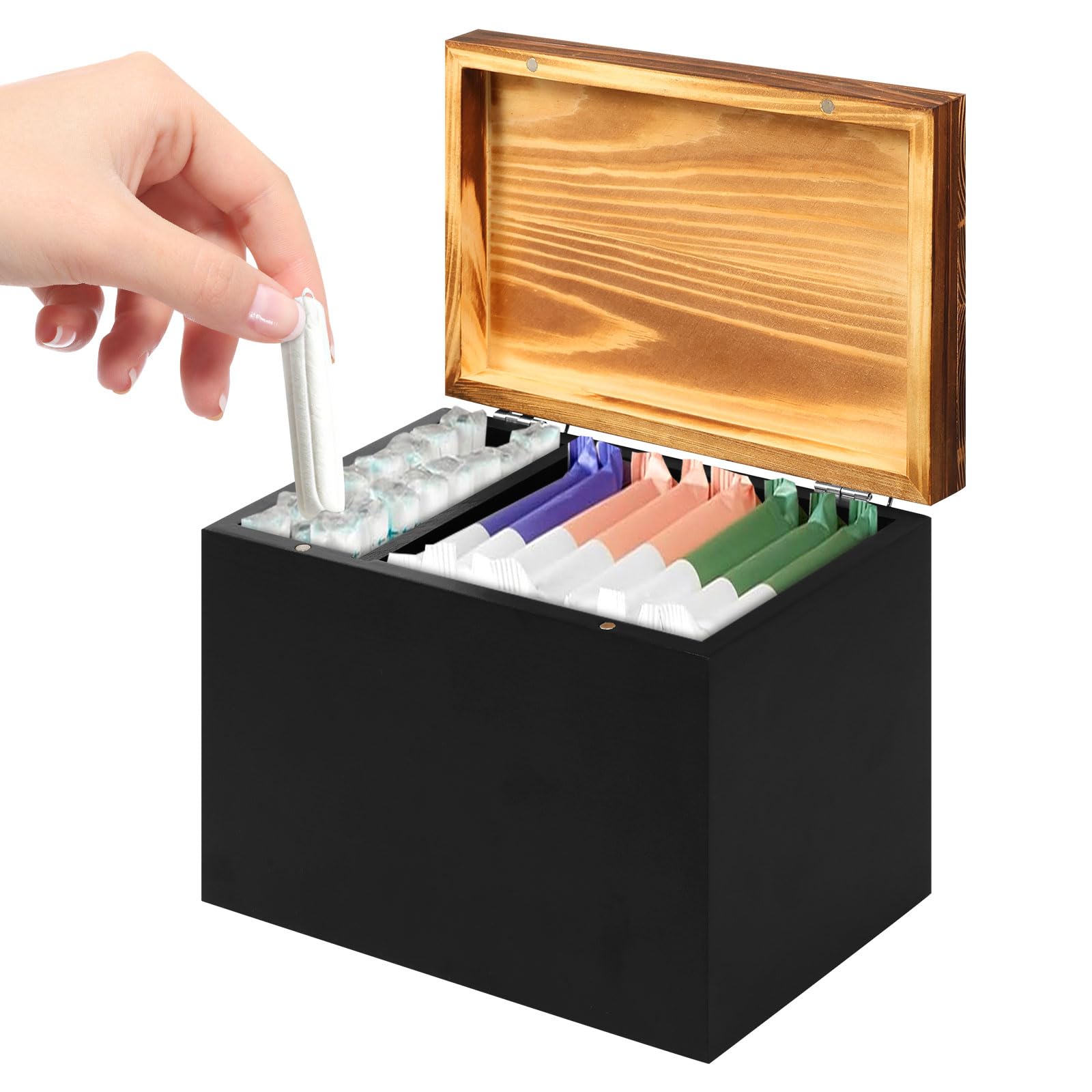 Qinglang Women's Black Tampon Holder For Bathroom Sanitary Towel Storage Box Versatile Tampon Storage Pad Organizer Case With Hinged Lid Wood Period Box Feminine Product Caddy Period Organizer For Girl Stuff(Black)