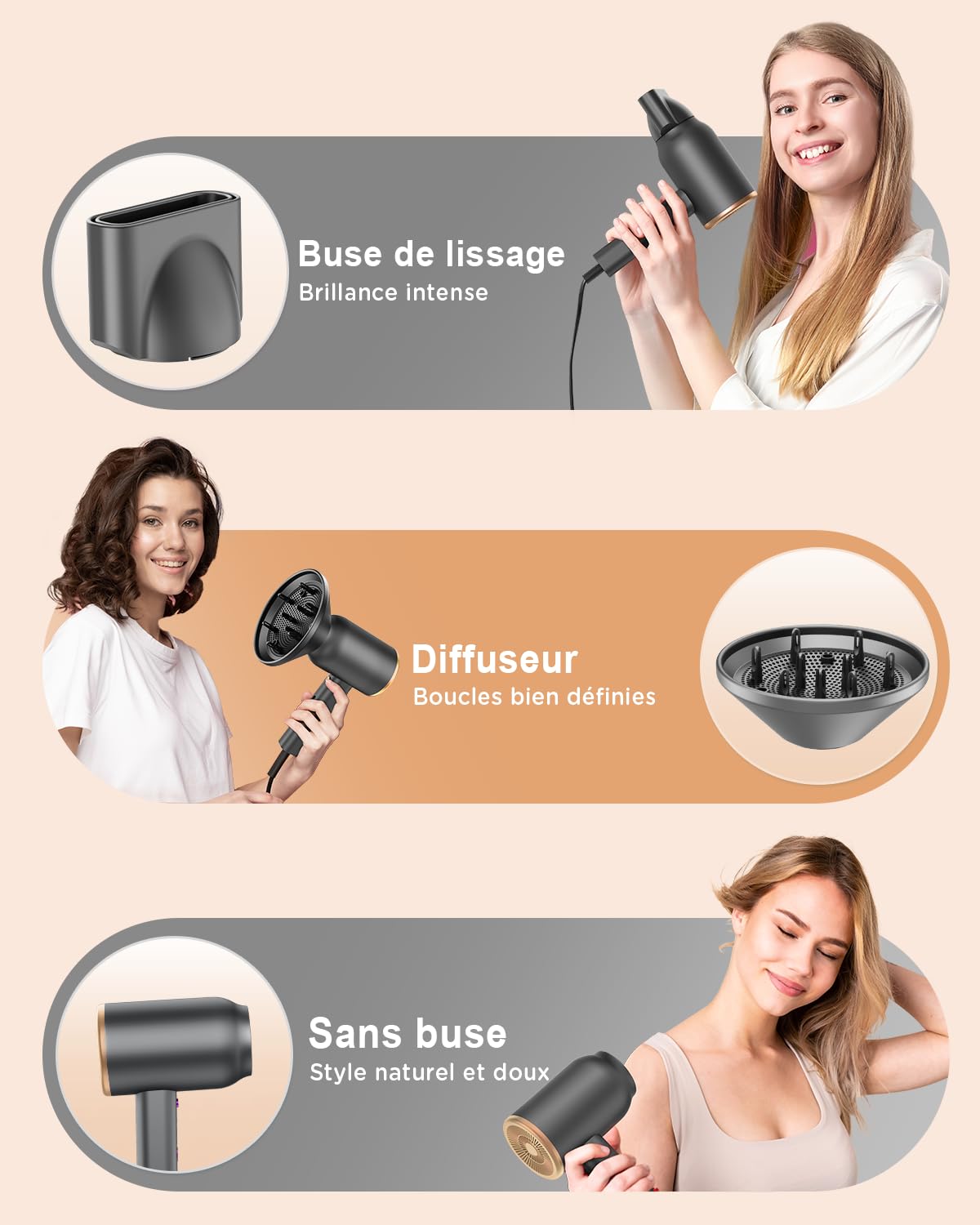 Asciugacapelli ionico con diffusore –1800W per un’asciugatura rapida con tasto caldo/freddo, asciugacapelli con diffusore termoregolato, 3 livelli di calore, 2 velocità,Oro e Nero
