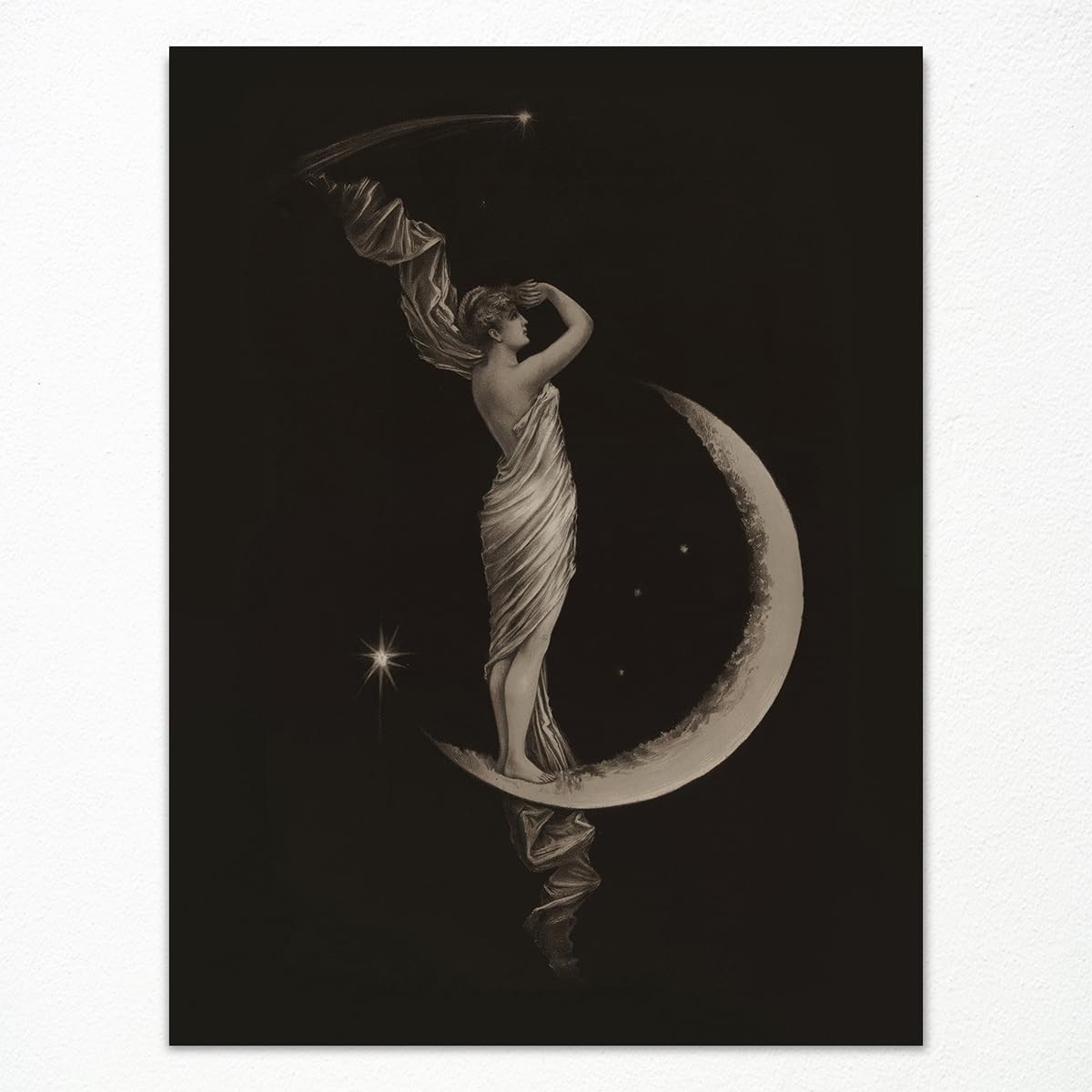 Vintage Crescent Moon Drawing Moody Night Sky Painting | Vintage