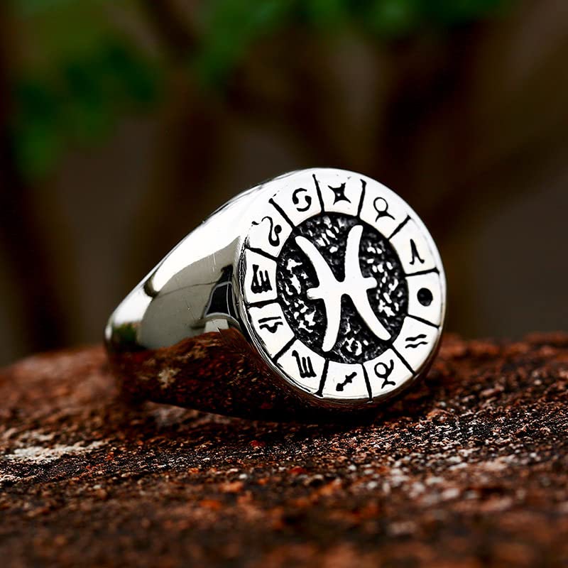 Image of Unisex 12 Constellation Zodiac Sign Signet Ring | Stainless Steel, Hip Hop Sign Signet, Horoscope Astrology Jewelry, Birthday Gift