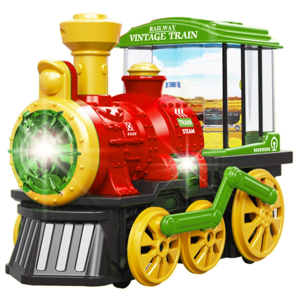 VGRASSP Bump and Go Action Mist Spraying Steam Engine - The Locomotive Train Toy for Kids with LED Lights, Realistic Engine Sound and Running Train Side View - Color As Per Stock (Mist Spraying)