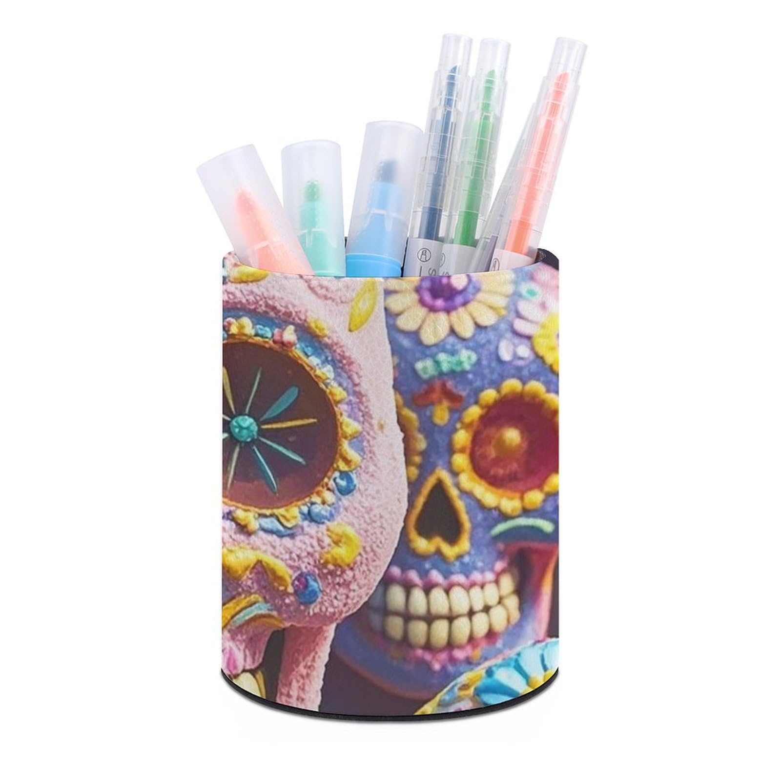 FekiLoot PU Leather Round Pen Holder Sugar Skull Pencil Holder Desk Organizer Pen Organizer Pen Cup Pencil Cup Caddy Desktop Stationery Organizers for Office Home Supplies