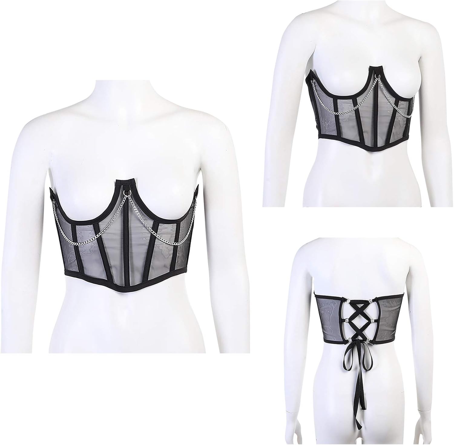 JUMISEE Women See Through Mesh Lace Up Bustier Corset Metal Chain Boned Overbust Waist Cincher Wide Belt