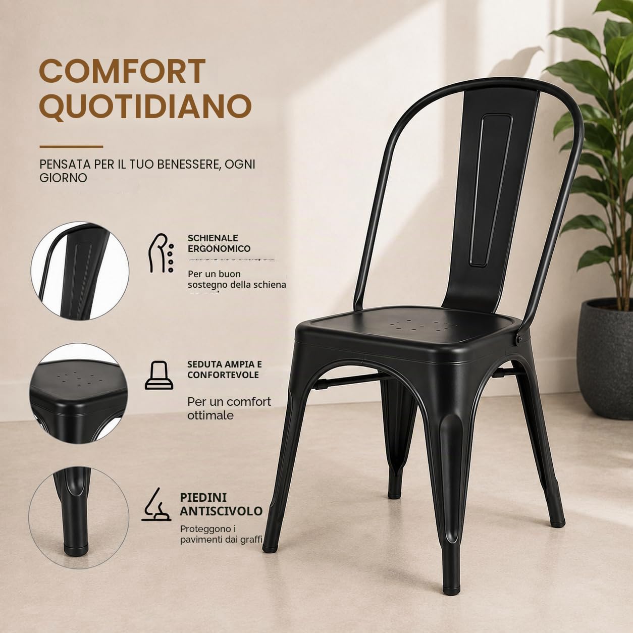 Kosmi Set 4 Sedie Industriali in Metallo Nero Opaco – Sedie Impilabili per Sala da Pranzo, Cucina, Soggiorno, Ufficio e Ristorante – Struttura in Acciaio Robusta – Portata 120 kg