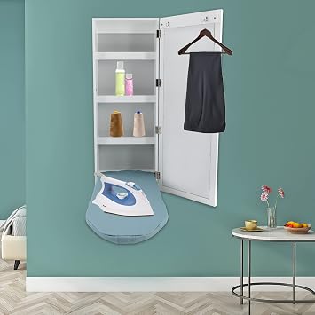 Wall Mounted Ironing Board, Cabinet with Built-in Ironing Board, Hide Away Foldable Ironing Storage Station with 3 Tier Shelf and Mirror for Home, Apartment, Laundry Room, Small Spaces