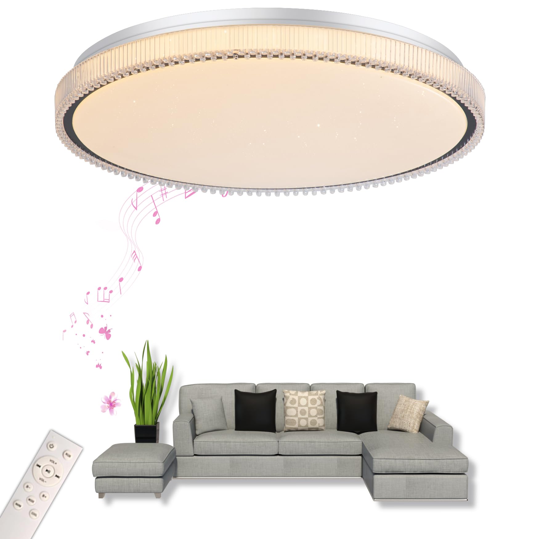 chysongoods-BZ LED Music Ceiling Light with Bluetooth Speaker Φ50cm 55W Voice and APP Control Compatible with Alexa/Google Home RGB Color Changing Dimmable Color Adjustment with Remote Control