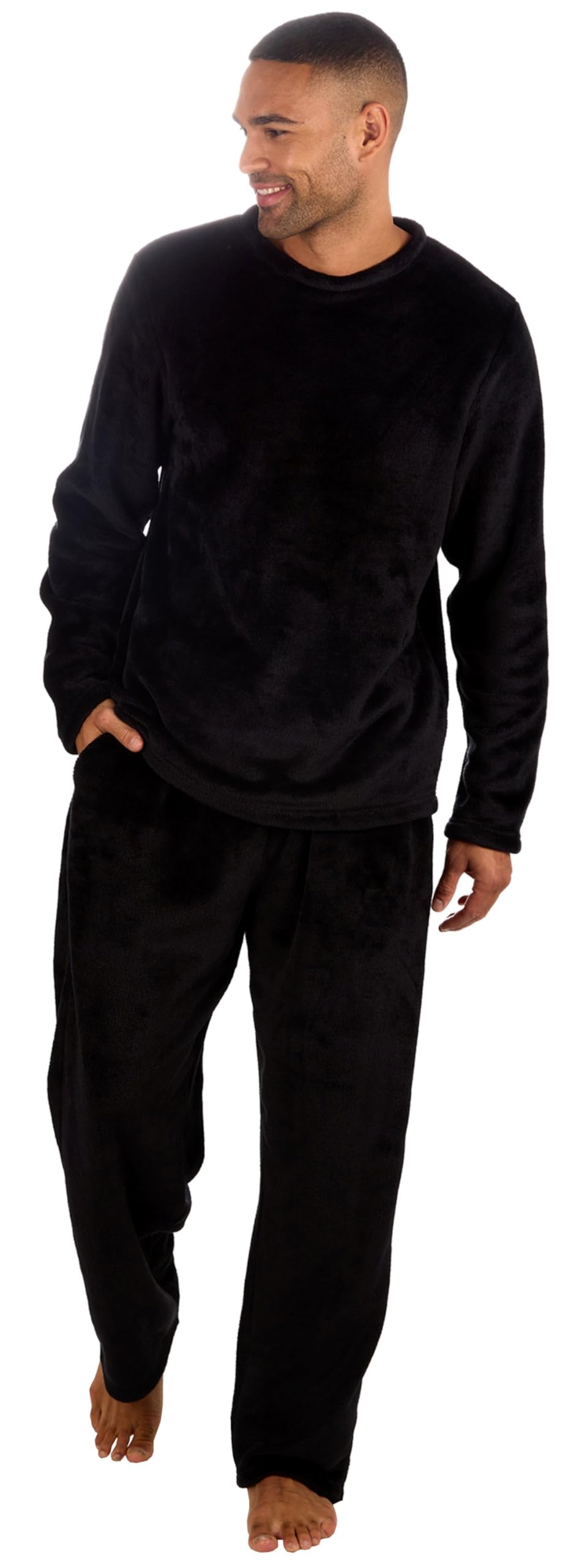 Michael Paul Men's Black Plain Soft & Cosy Fleece Pyjamas | Warm Pj Set Nightwear Sleepwear Loungewear Modern Set With Check Bottoms | Soft Twosie Pyjama Set For Gifts For Him Black M