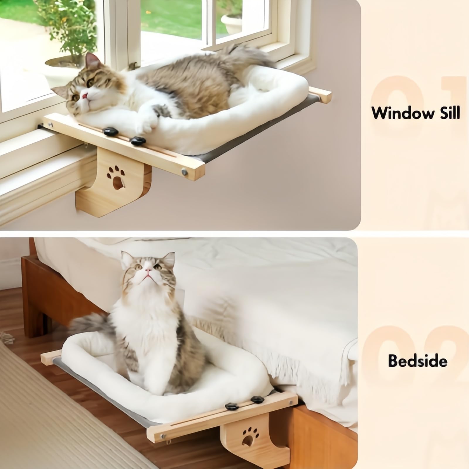 Perchoir réglable pour fenêtre de chat, hamac en polaire douce avec support mural/plafond sécurisé, motif empreintes de pattes pour la relaxation des chats d'intérieur (B-B)