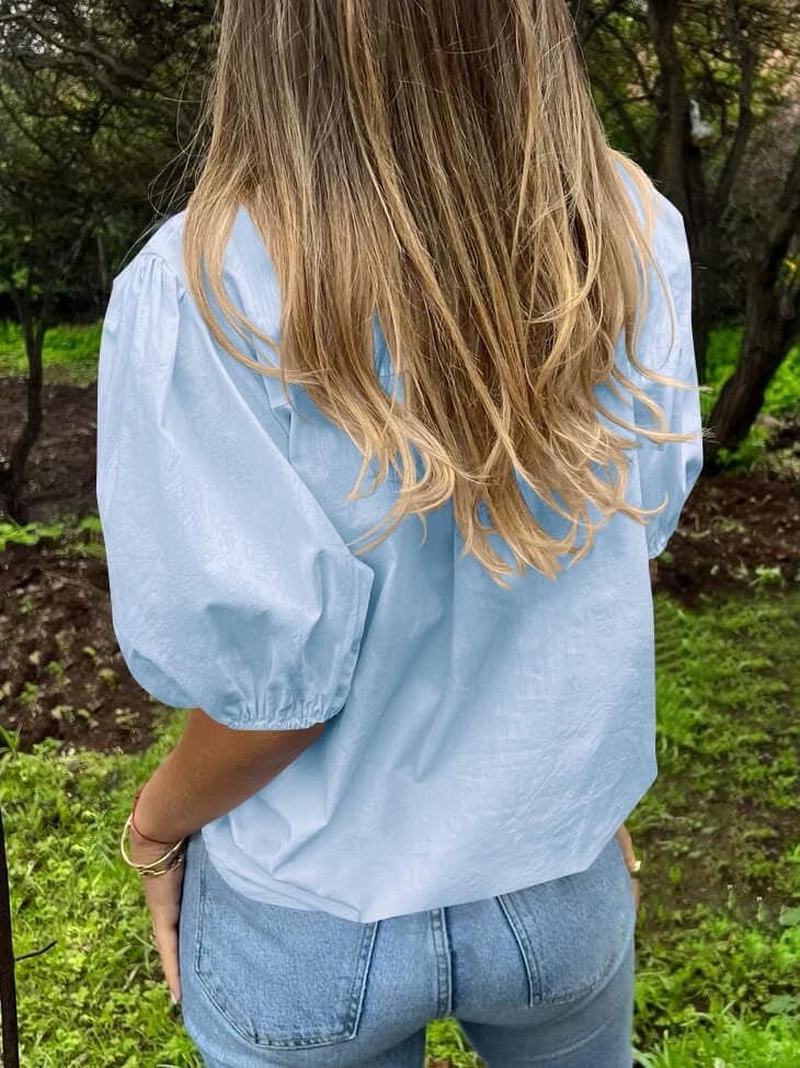 Image of Tankaneo Women's Button Down Shirts Short Puff Sleeve Collared Dressy Casual Blouse Tops