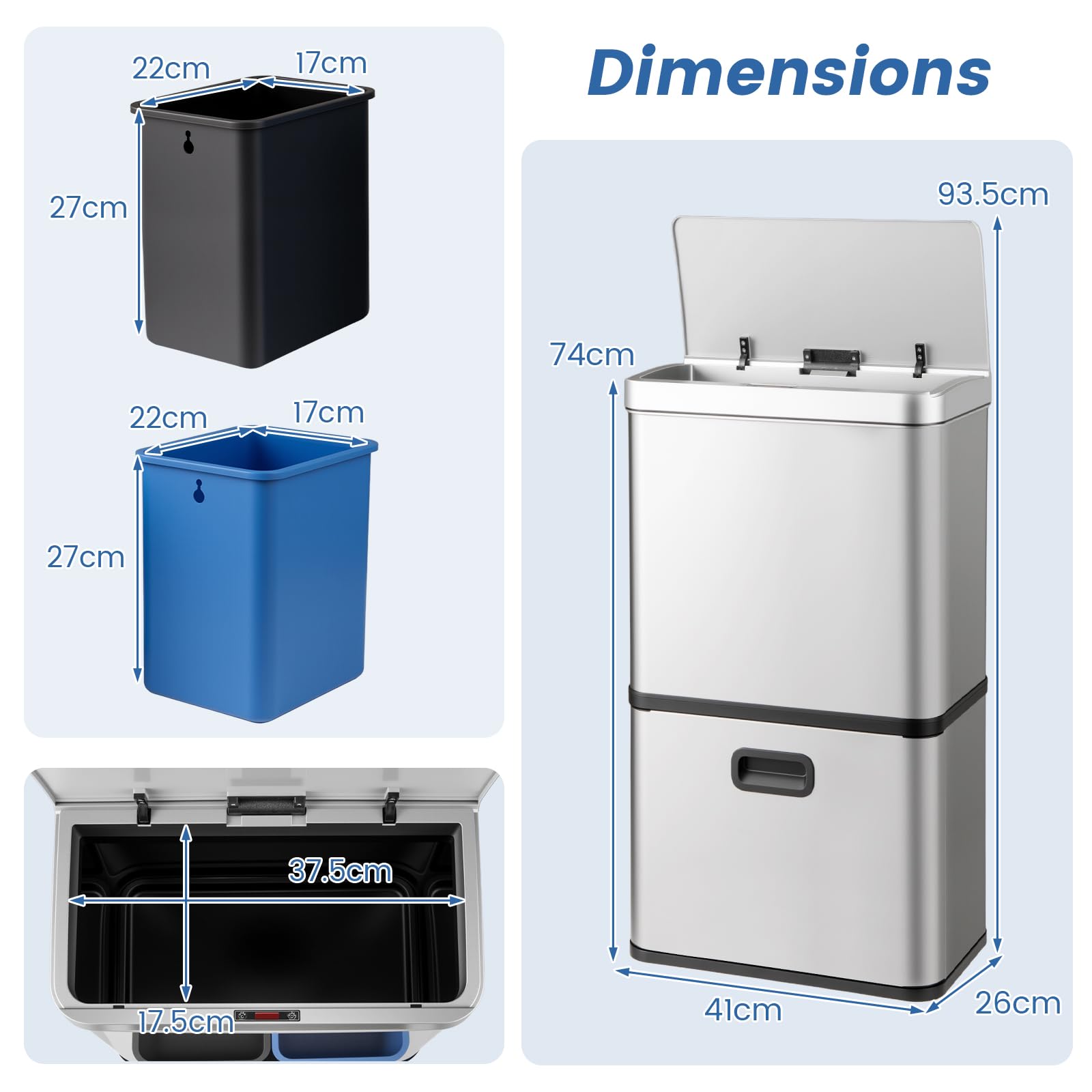 GIANTEX Cubo de Basura de Cocina 56 L con 3 Compartimentos, Papelera de Acero Inoxible con Sensor de Movimiento, Control Táctil, 2 Cubos Extraíbles y Tapa Abatible, Basurero de Reciclaje (Plata)