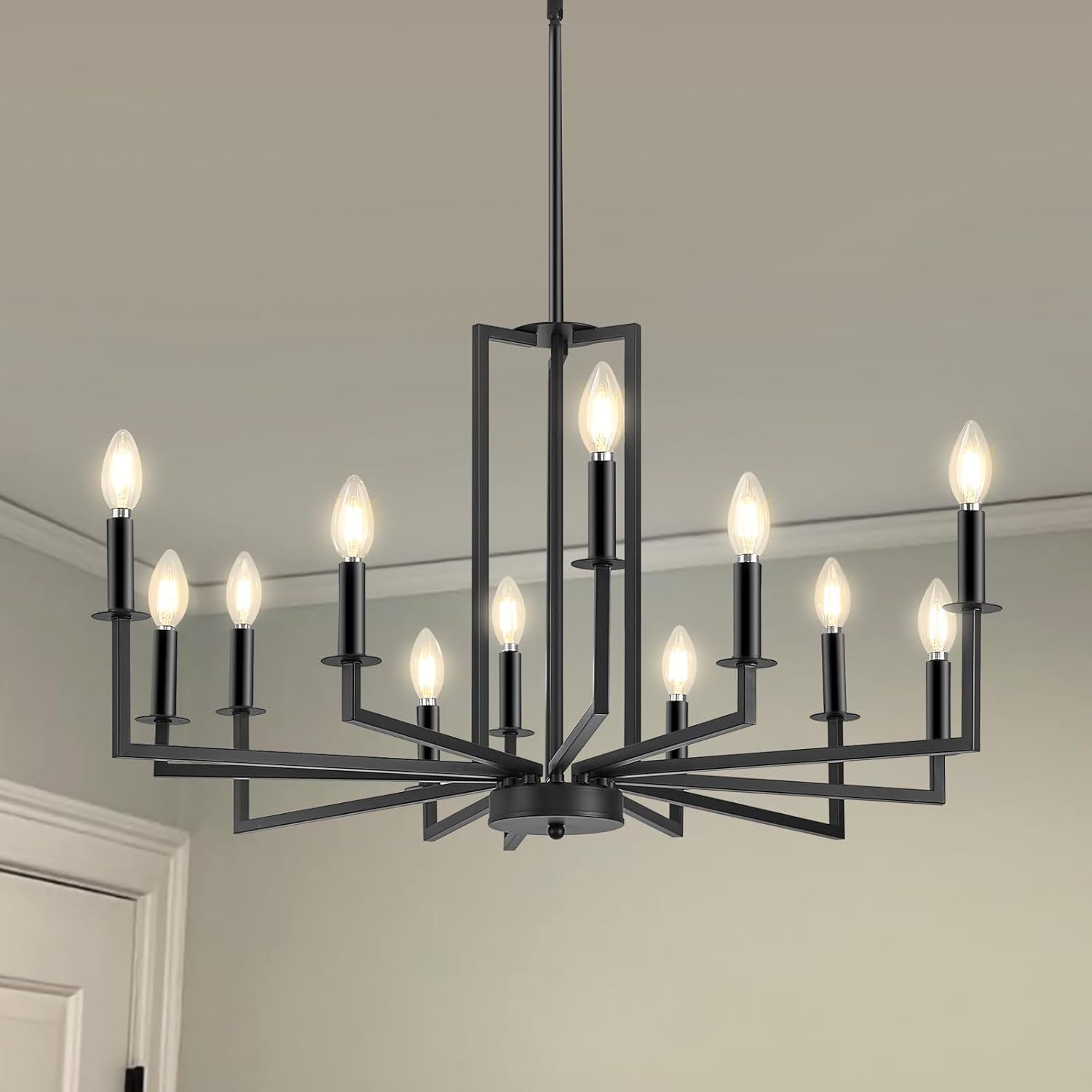 Modern Black Chandelier, Farmhouse Candle Dining Room Chandeliers Over Table, Metal Hanging Pendant Light Fixture for Kitchen, Foyer, Bedroom, Living Room, Staircase, Entryway, 12-Light