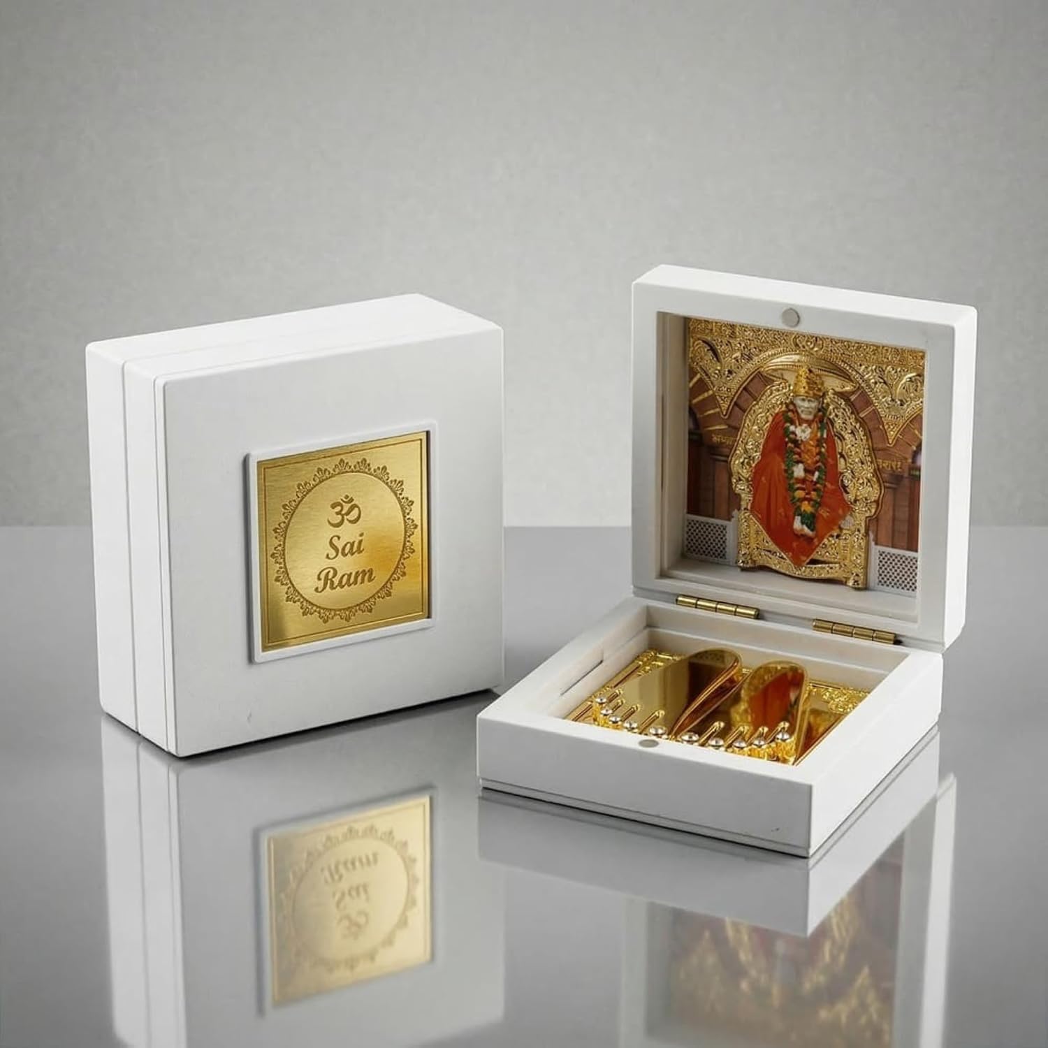 Gold-Plated Sai Baba Photo Frame with Charan Paduka | Shirdi Sai Baba Idol Samadhi Pocket Temple Pooja Box for Diwali, Housewarming, Return & Corporate Gifts, Random Color (WHITE SMALL CHARAN PETI)-image-17
