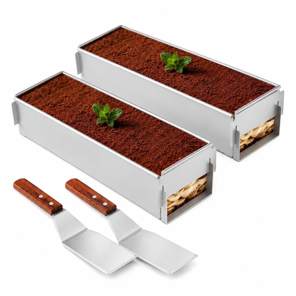 Blacha do cięcia ciasta, 42 x 10 x 6 cm, ze stopu aluminium, prostokątna, regulowana, z powłoką zapobiegającą przywieraniu, forma tiramisu z łopatką, zdejmowana część boczna do musu, sernika