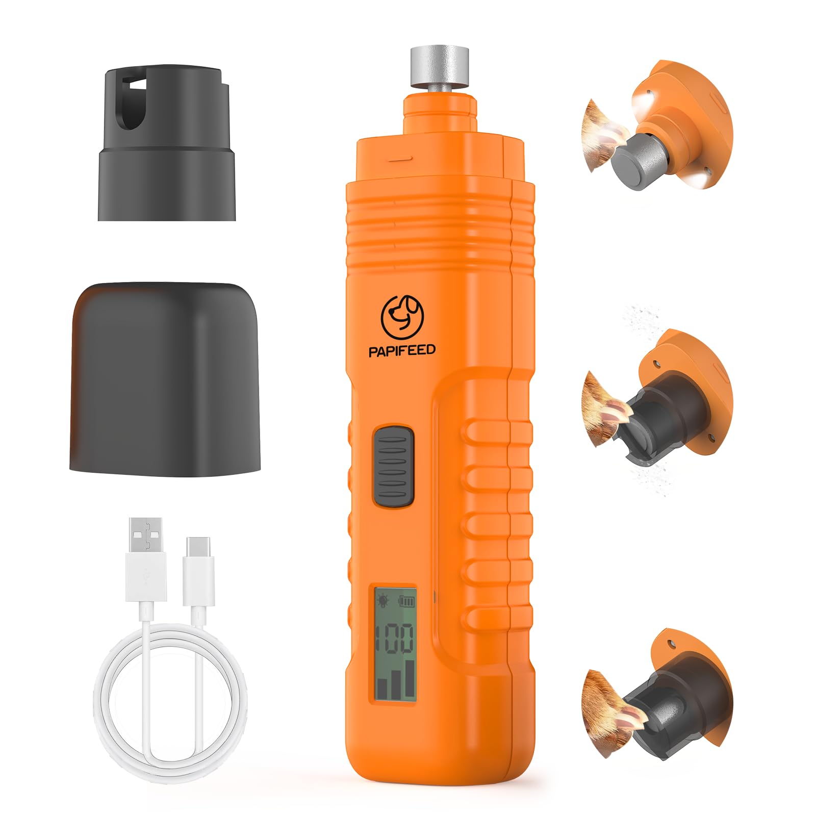 PAPIFFEED Dog Nail Grinder with LCD Display – Quiet Electric Nail Trimmer with Dual LED Light, Safe for Black & Thick Nails, Rechargeable for Small Medium Large Dogs & Cats (Orange)