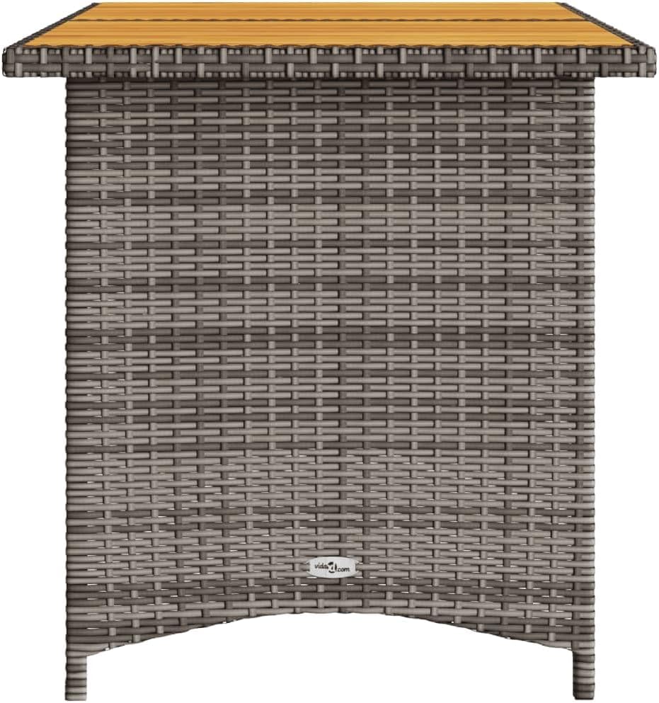 Contemporary Grey PE Rattan Garden Dining Table with Solid Acacia Wood Top and Powder-Coated Steel Frame for Outdoor Patio Terrace Seating Capacity for Six People Durable