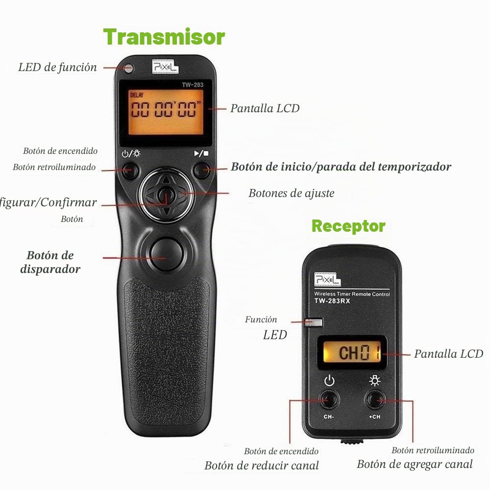 Pixel Cámara Mando a Distancia Temporizador TW-283 DC0 para Nikon | Compatible con Nikon Z8 Z9 D3 D4 D5 D6 D800 D850 D800E D810 D810A D700 D500 D300 D200 F6 F100F5 F90X F90 D1X D2H D3X