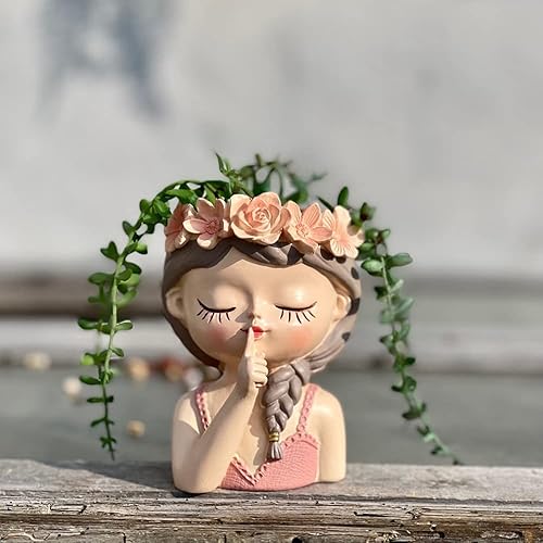 Miniatura 3 de Bonita maceta de resina para suculentas, maceta de flores para niña, cara humana, cactus, contenedor para bonsái, maceta para pulgar, estatua de