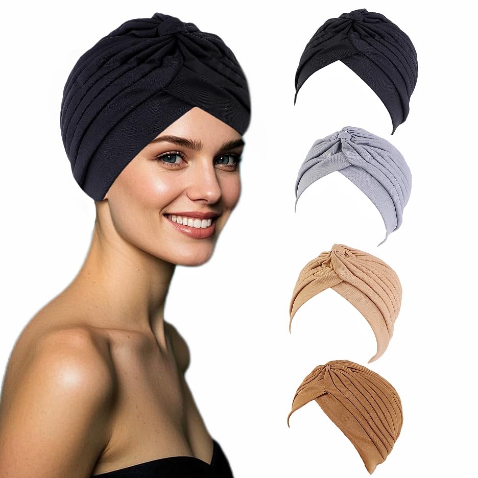 CaiJianYuLin 4 Piezas Turbantes para Mujer Gorros Oncológicos, Gorro de Cáncer para Pérdida de Cabello, Pelo Largo, Verano, Elástico Frontal Cruzado, Algodón
