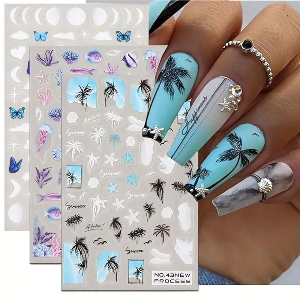3 Sheets Summer Nail Art Stickers Ocean Nail Art Decals 3D Self-Adhesive DIY Nail Sticker Palm Tree Sea Beach Cloud Jellyfish Butterfly Starfish Nail